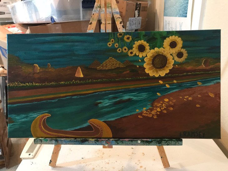 (c) 2018 Lisa Ramsey, The Pyramids - Painting Five in my Native America series, 10x24” acrylic on canvas